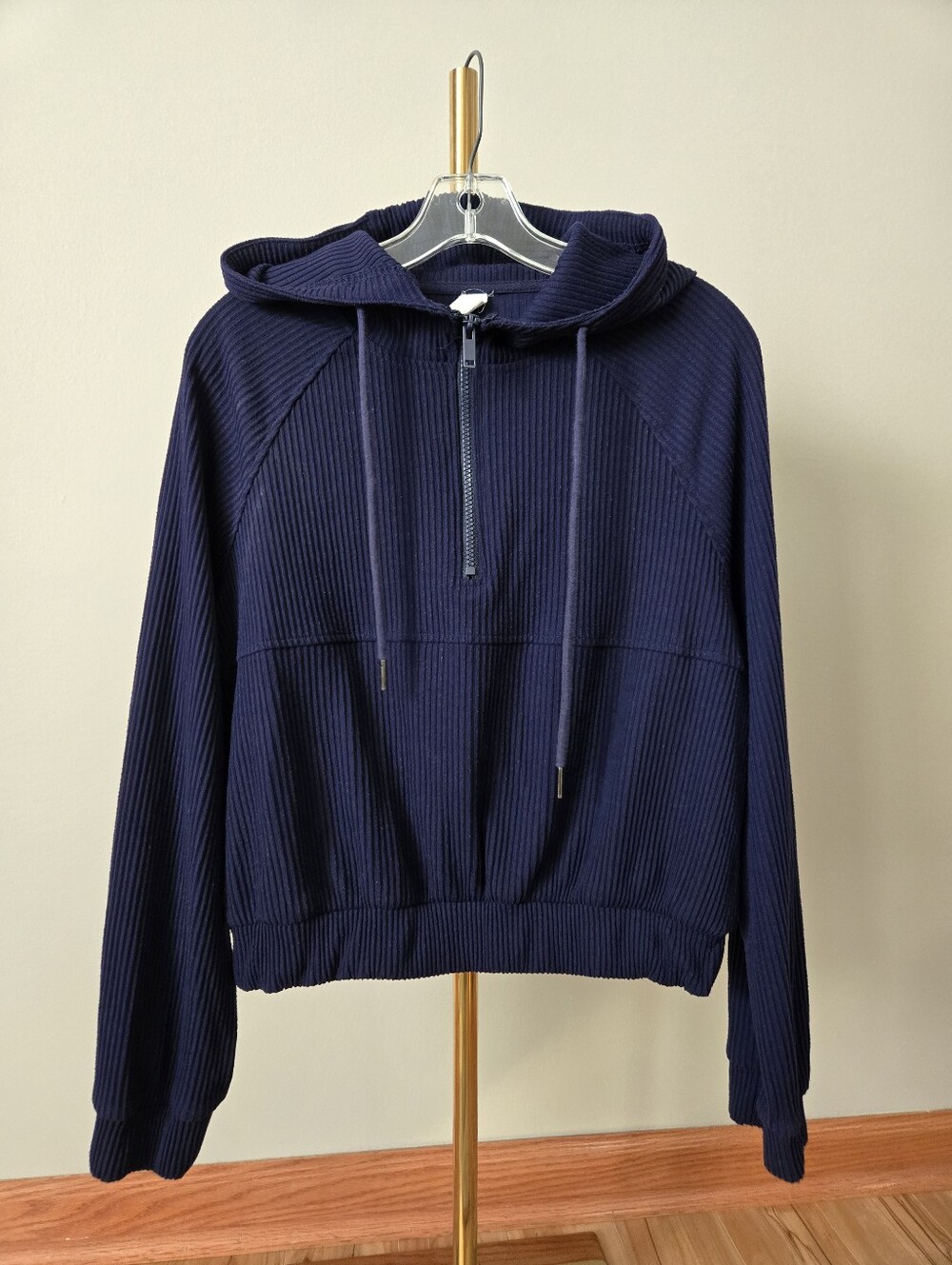 Navy Blue Ribbed Half-Zip Pullover Hoodie | Athleisure Lounge Sweatshirt Sz. S